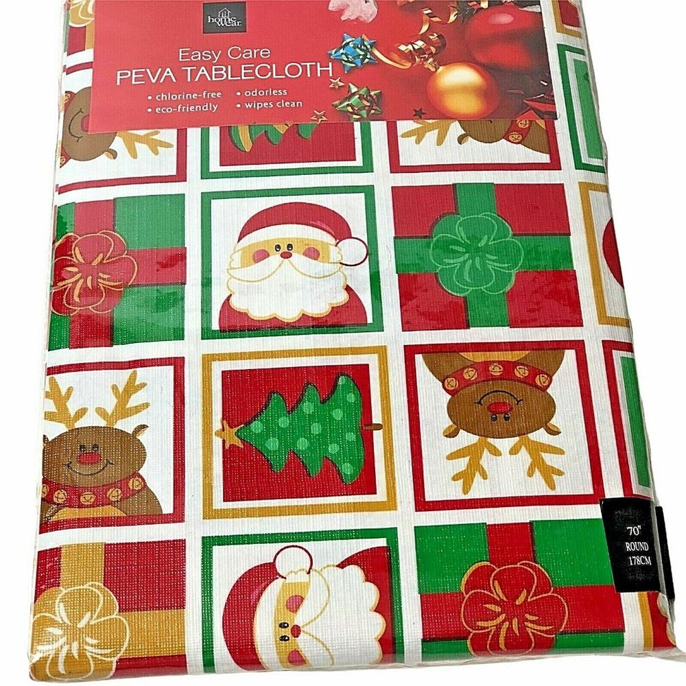 Santa Squares Christmas Vinyl Tablecloth 70" round